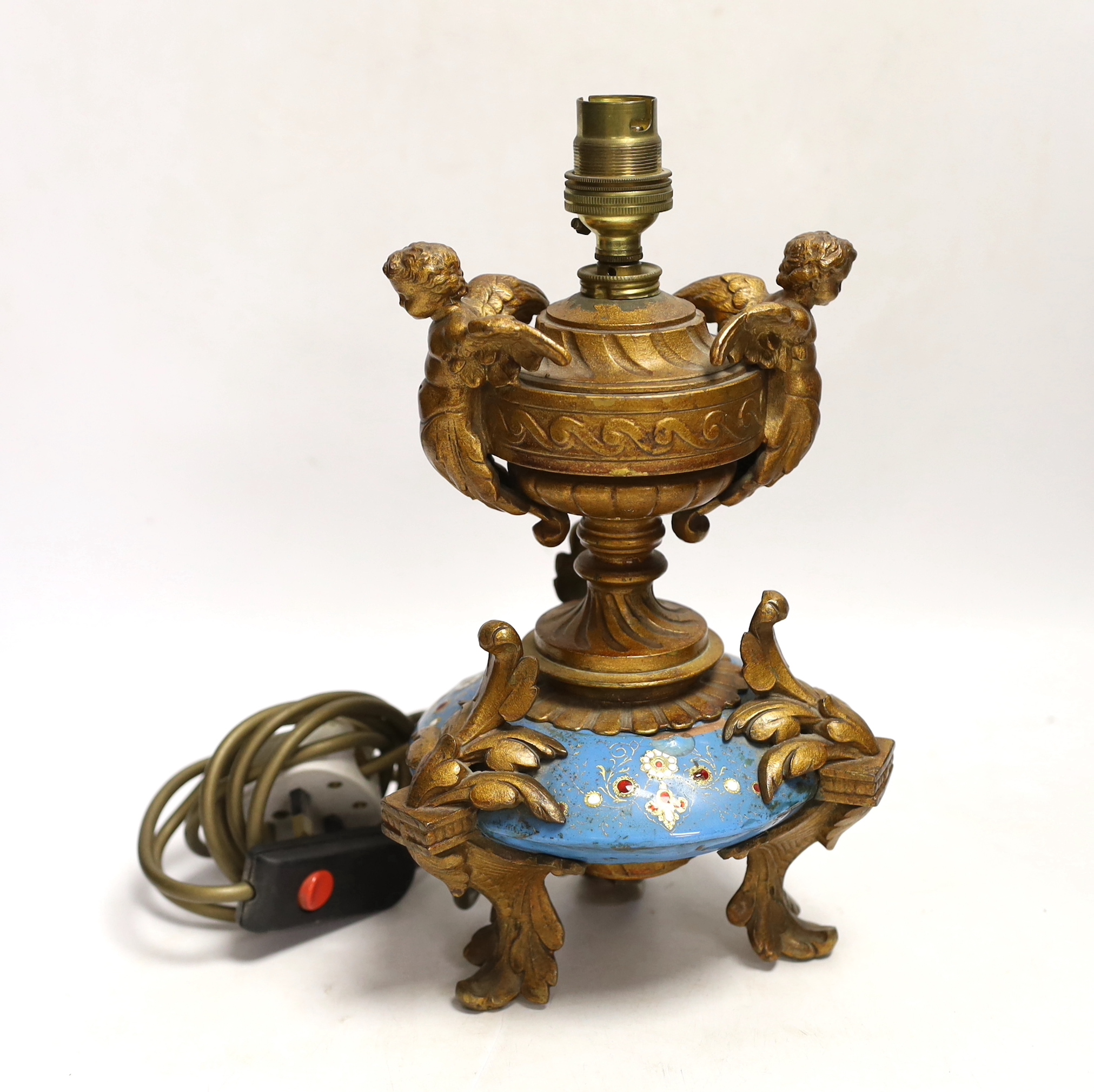 A French enamel and copper and gilt metal mounted lamp, 28cm
